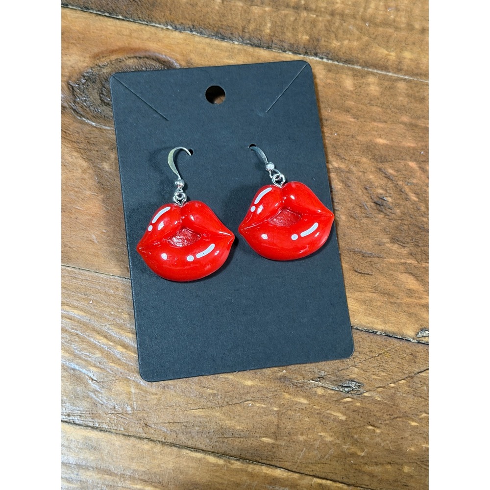 Red Hot Lips Drop Earrings Glossy Kitsch Mouth Jewelry Silver Tone Hooks